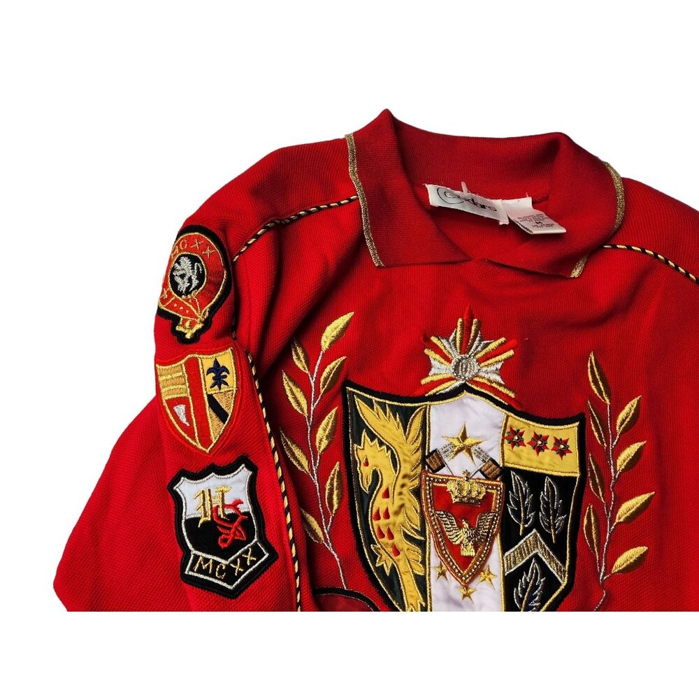 Vintage 80s 90s Red Crest Sweater with Gold Details Retro Streetwear Medium Top - Picture 7 of 7